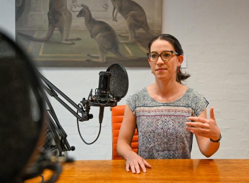 Kate Griffiths talking on a podcast recording