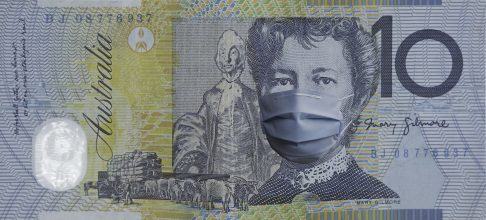 COVID-19 coronavirus in Australia, australian dollar money bill with face mask. COVID global stock market affection. World economy hit by corona virus outbreak. Financial crisis and coronavirus pandemic concept