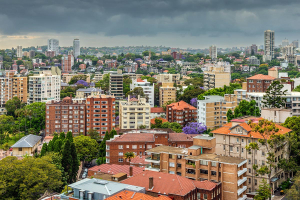 View of apartments in Sydney with a storm overhead